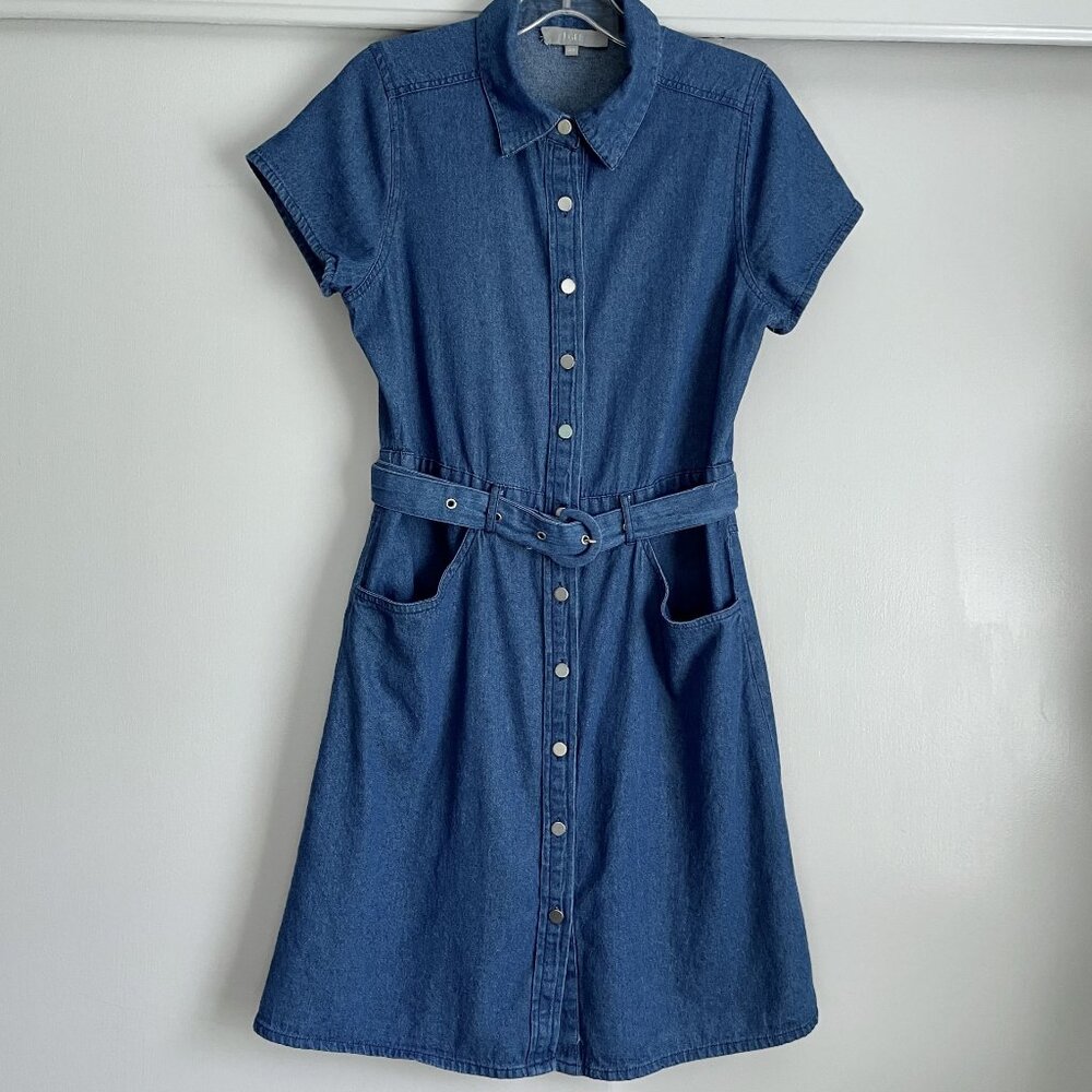 J GEE Denim Blue Jean Shirt Dress Size MP Short Sleeve Button Belted Pockets VTG - Picture 9 of 10
